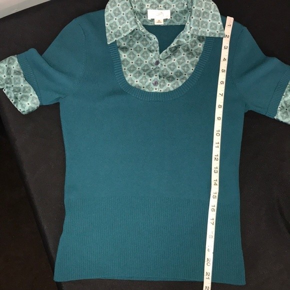 90s LOFT Knit Short Sleeve Top Satin layered Twofer Teal Burgundy size XS - Picture 9 of 10